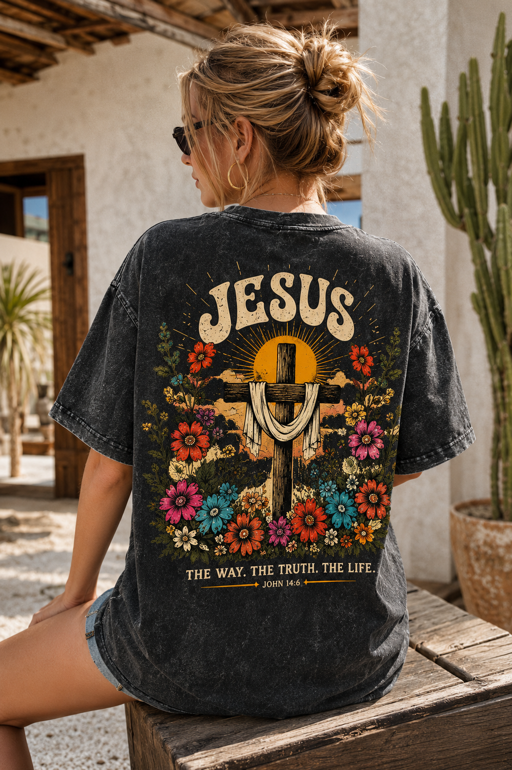 Jesus Cross Vintage Tee – Washed Black Floral Graphic