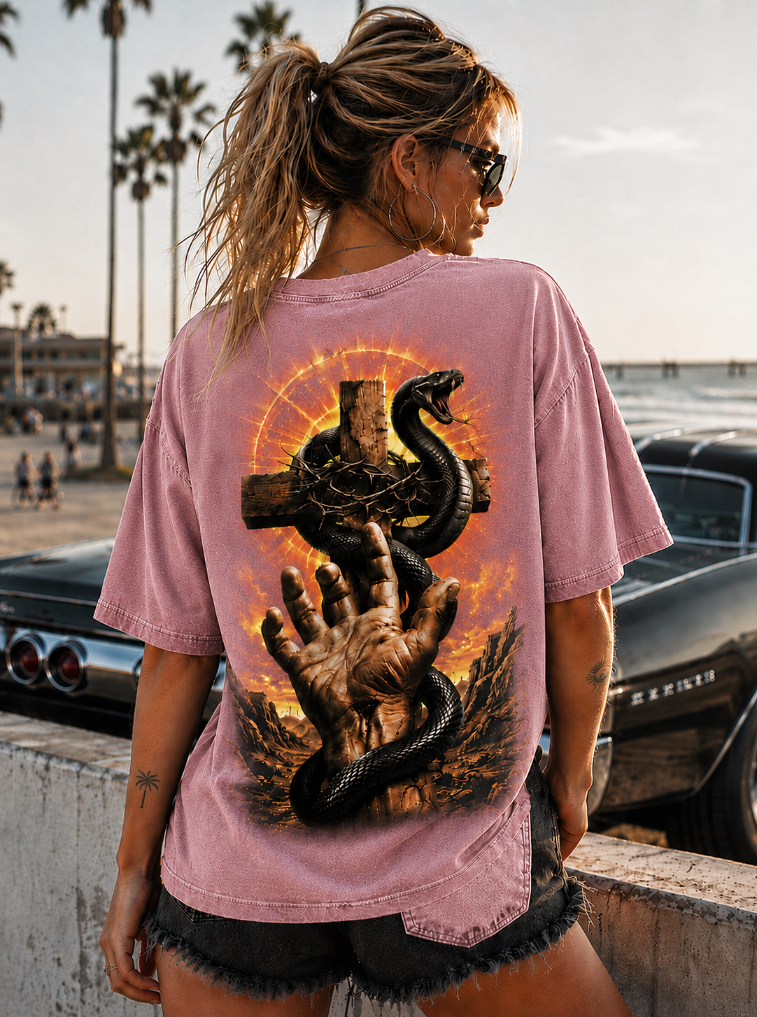 Vintage Snake Cross Graphic Tee – Washed Black
