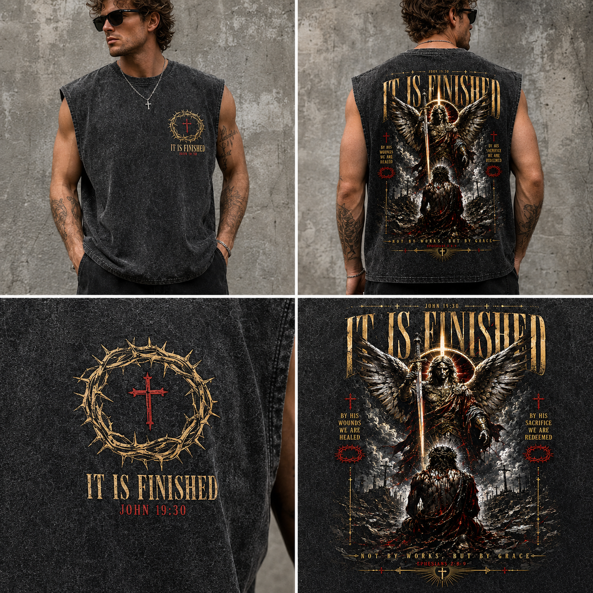 IT IS FINISHED — Washed Black Graphic Muscle Tee