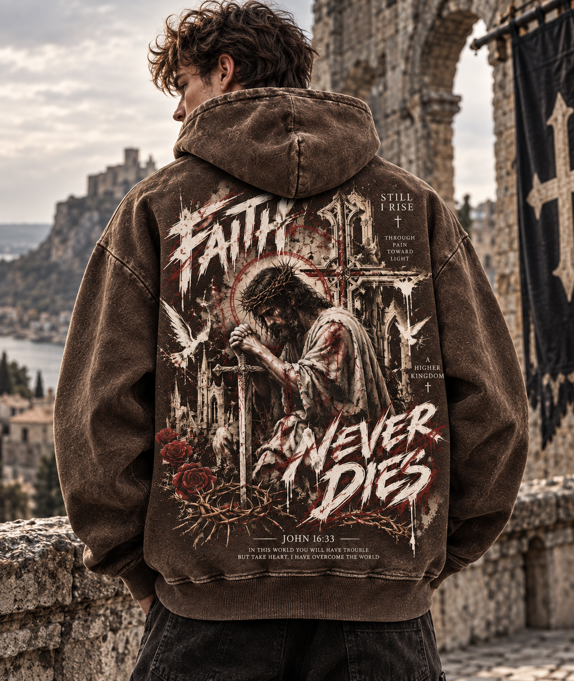 Faith Never Dies – Gothic Cross Washed Hoodie