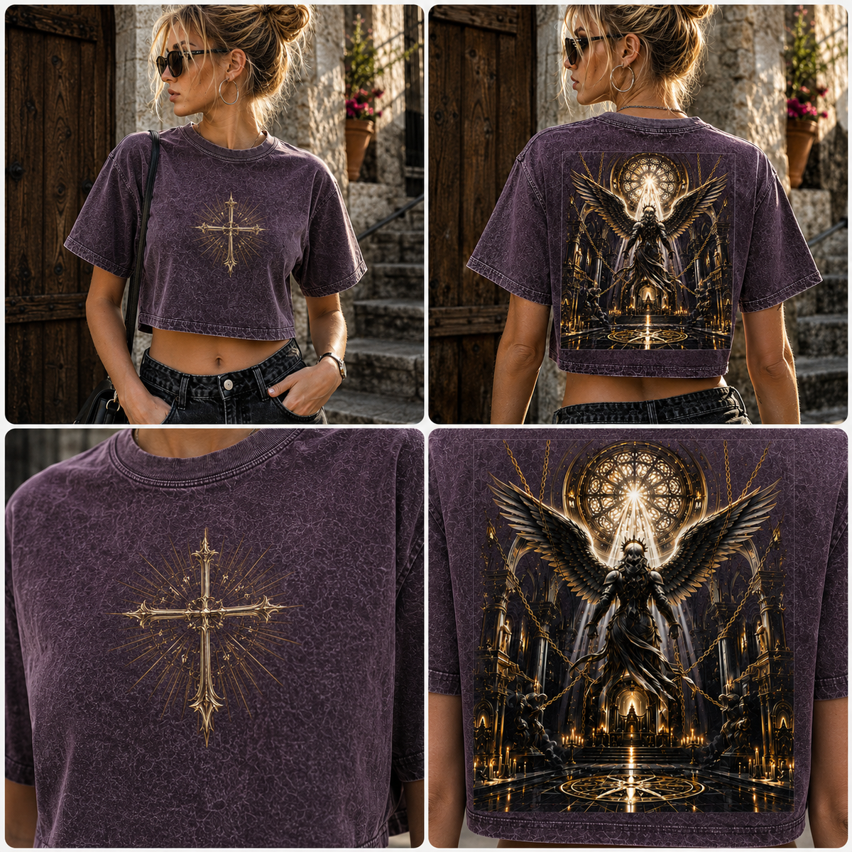 Gothic Angel Cross Washed Crop Tee