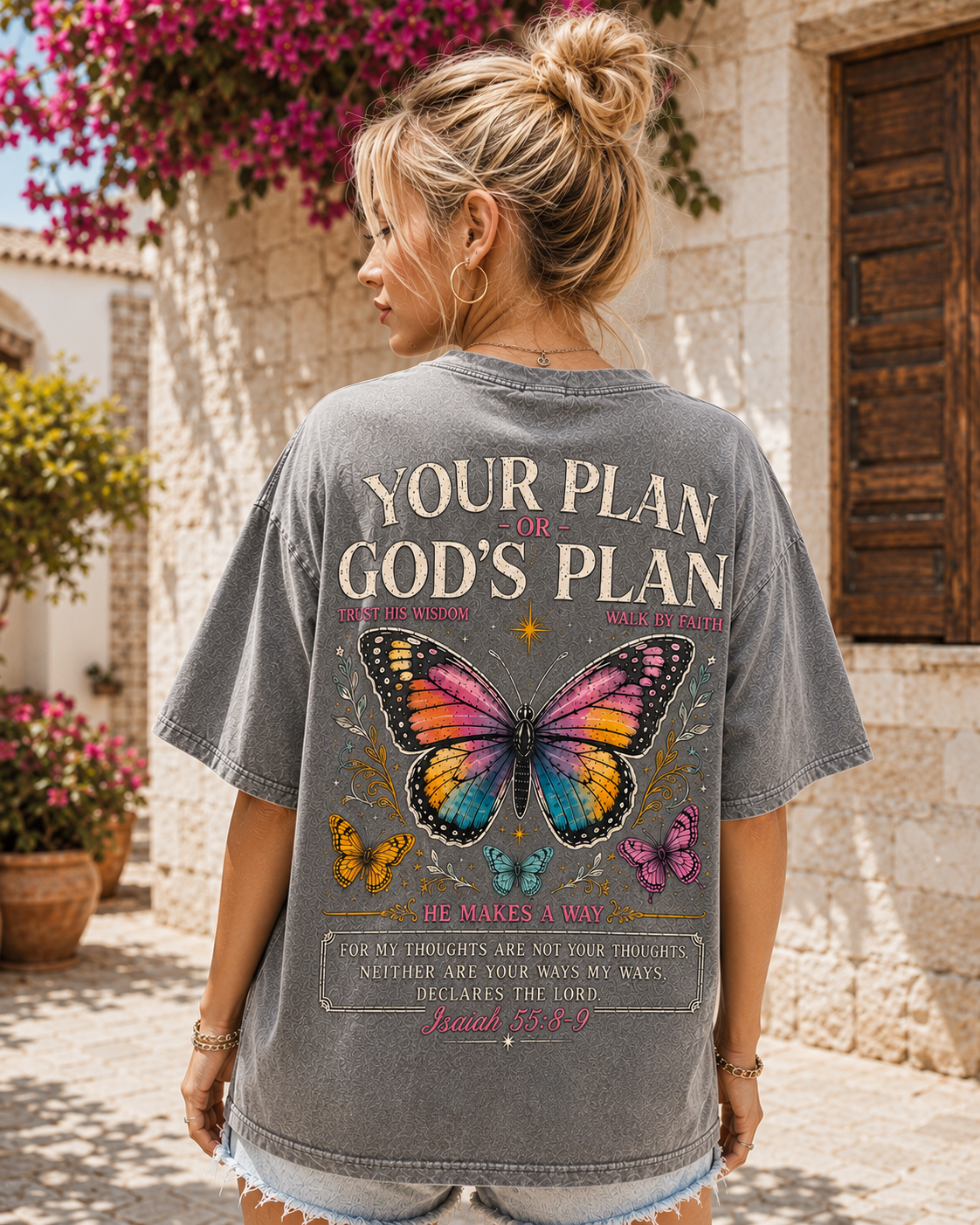 God’s Plan Butterfly Faith Washed Black Tee