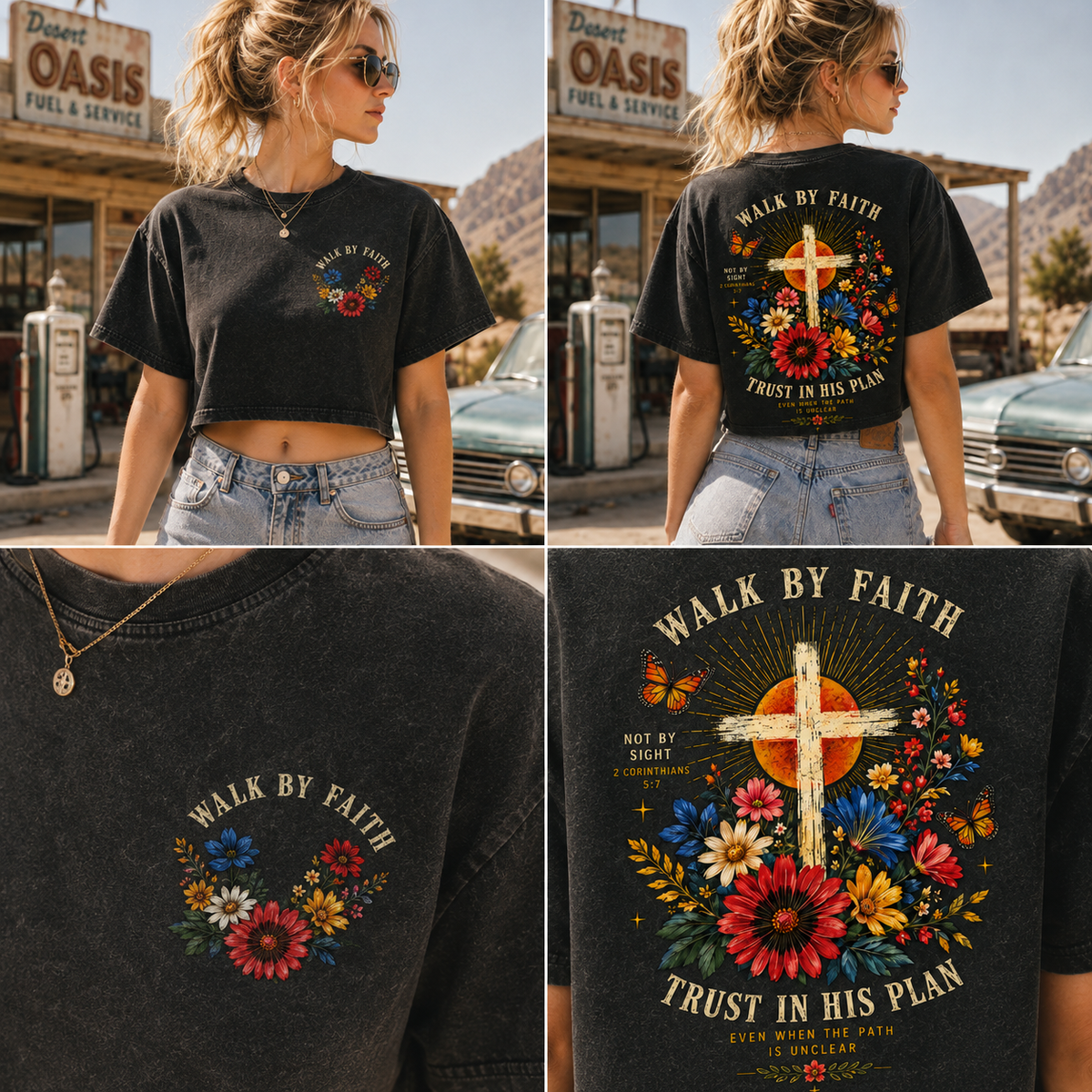 Walk By Faith – Vintage Floral Cross Crop Tee