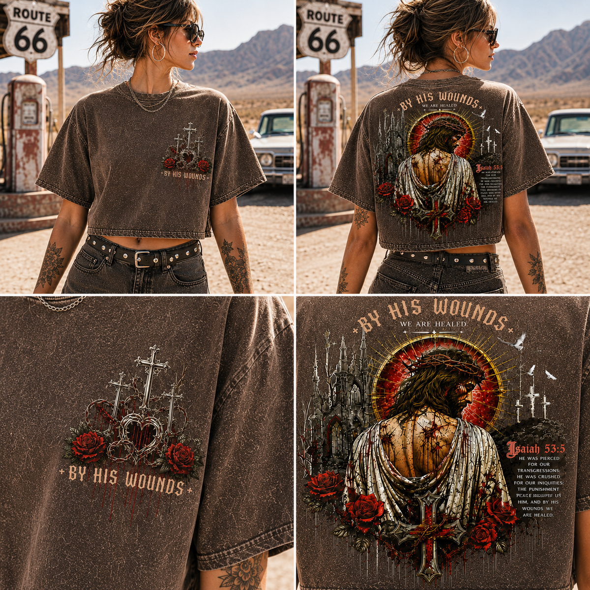 By His Wounds Gothic Cross Crop Tee – Vintage Christian Style