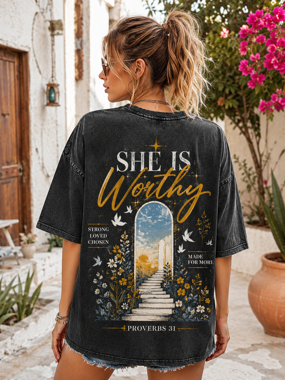 She Is Worthy Vintage Faith T-Shirt – Washed Black