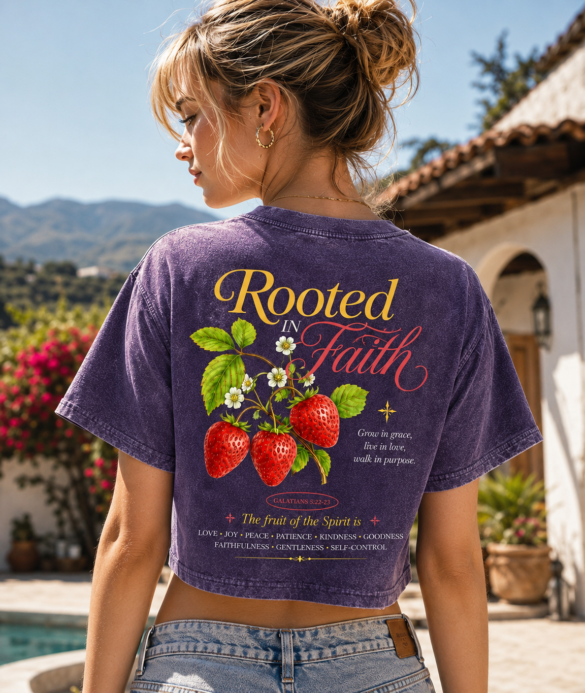 Rooted in Faith Strawberry Crop Top – Vintage Christian Tee