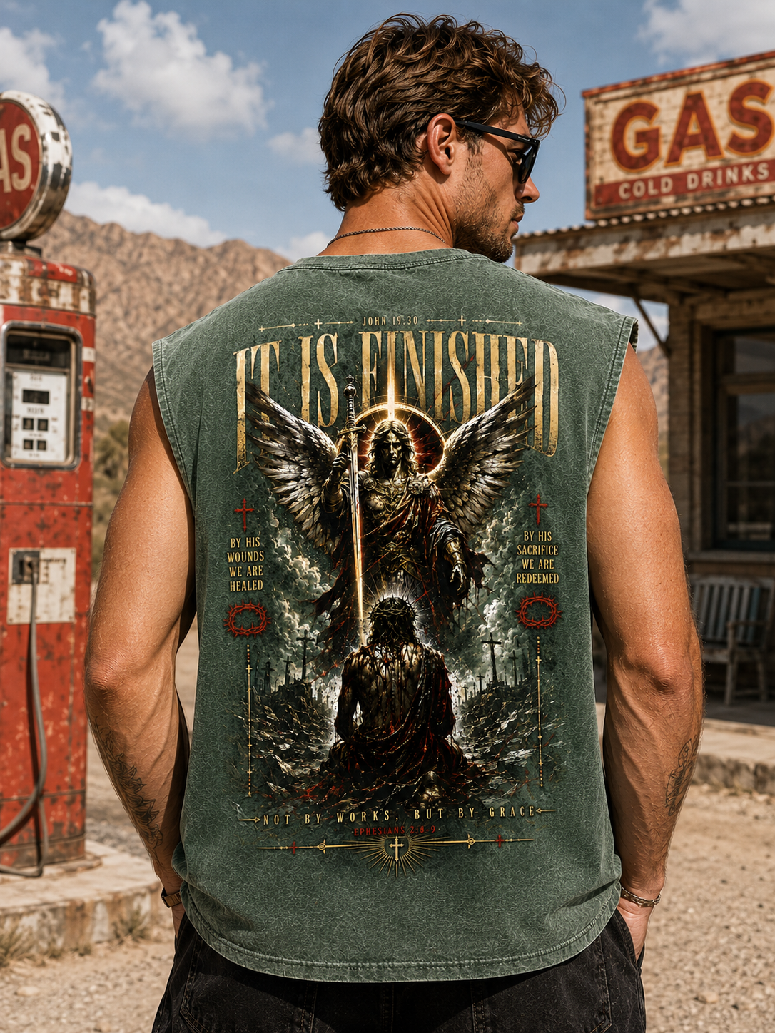 IT IS FINISHED — Washed Black Graphic Muscle Tee