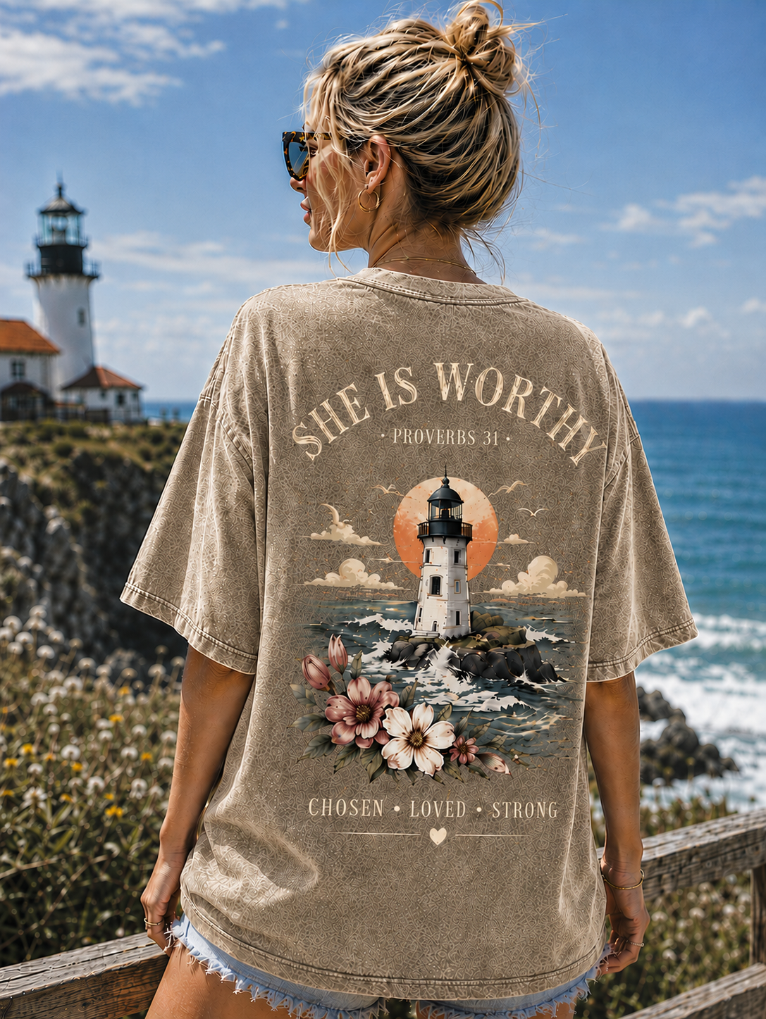 She Is Worthy Lighthouse T-Shirt – Vintage Christian Graphic Tee