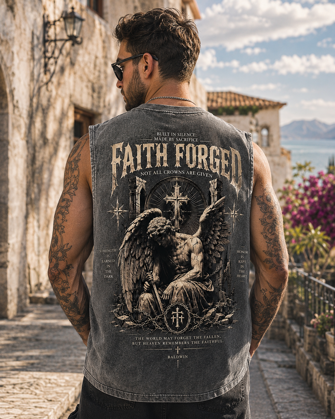 Faith Forged Washed Black Tank Top – Gothic Vintage Graphic