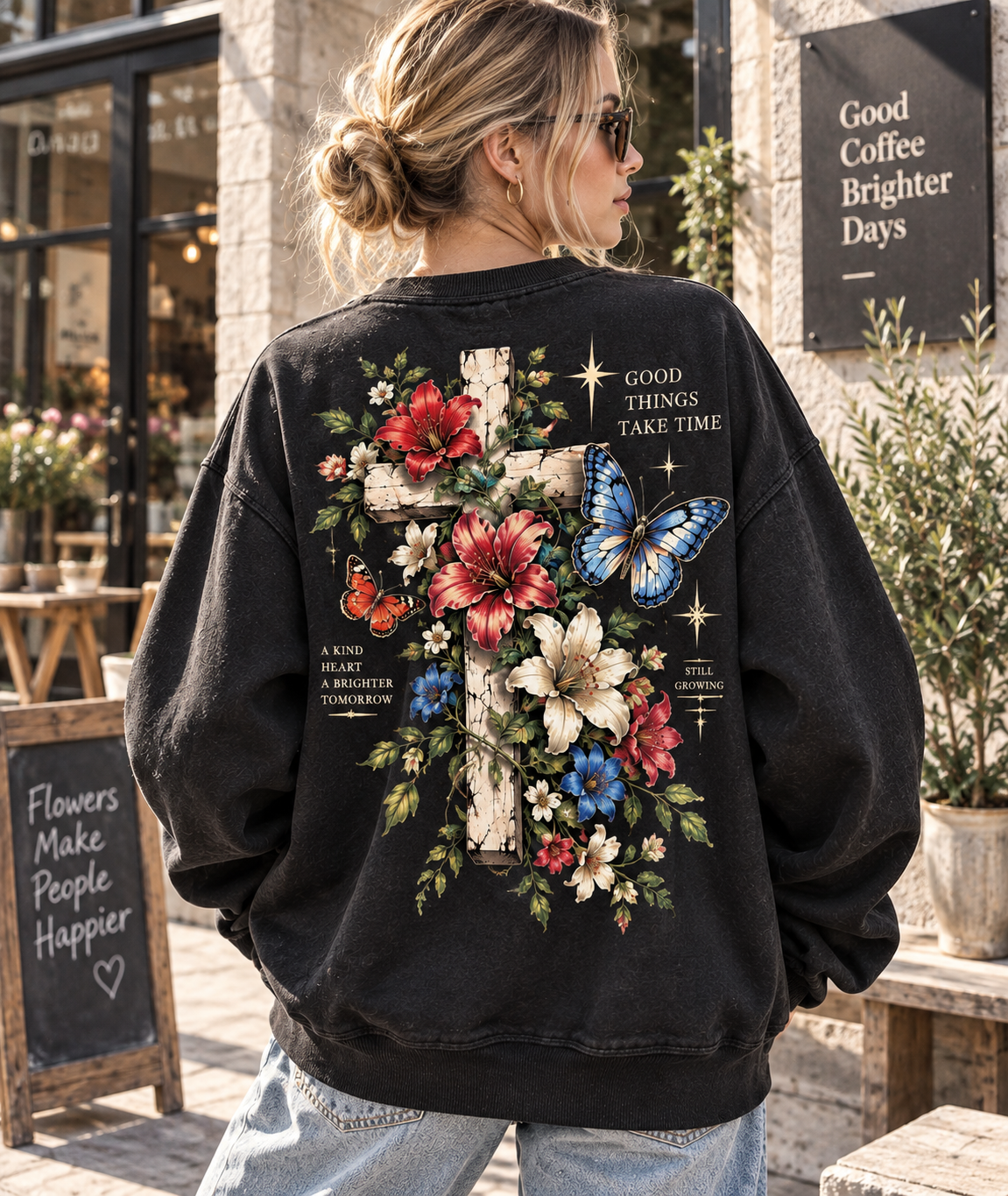 Vintage Floral Cross Sweatshirt – Good Things Take Time