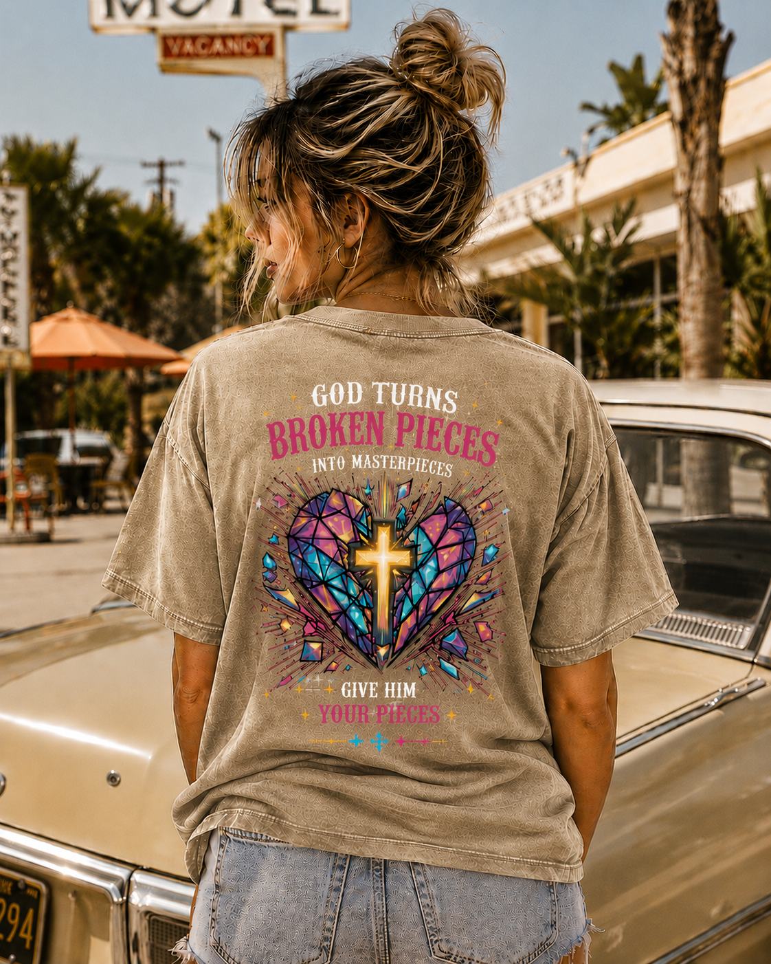 Broken Pieces Masterpiece – Vintage Cross Graphic T-Shirt