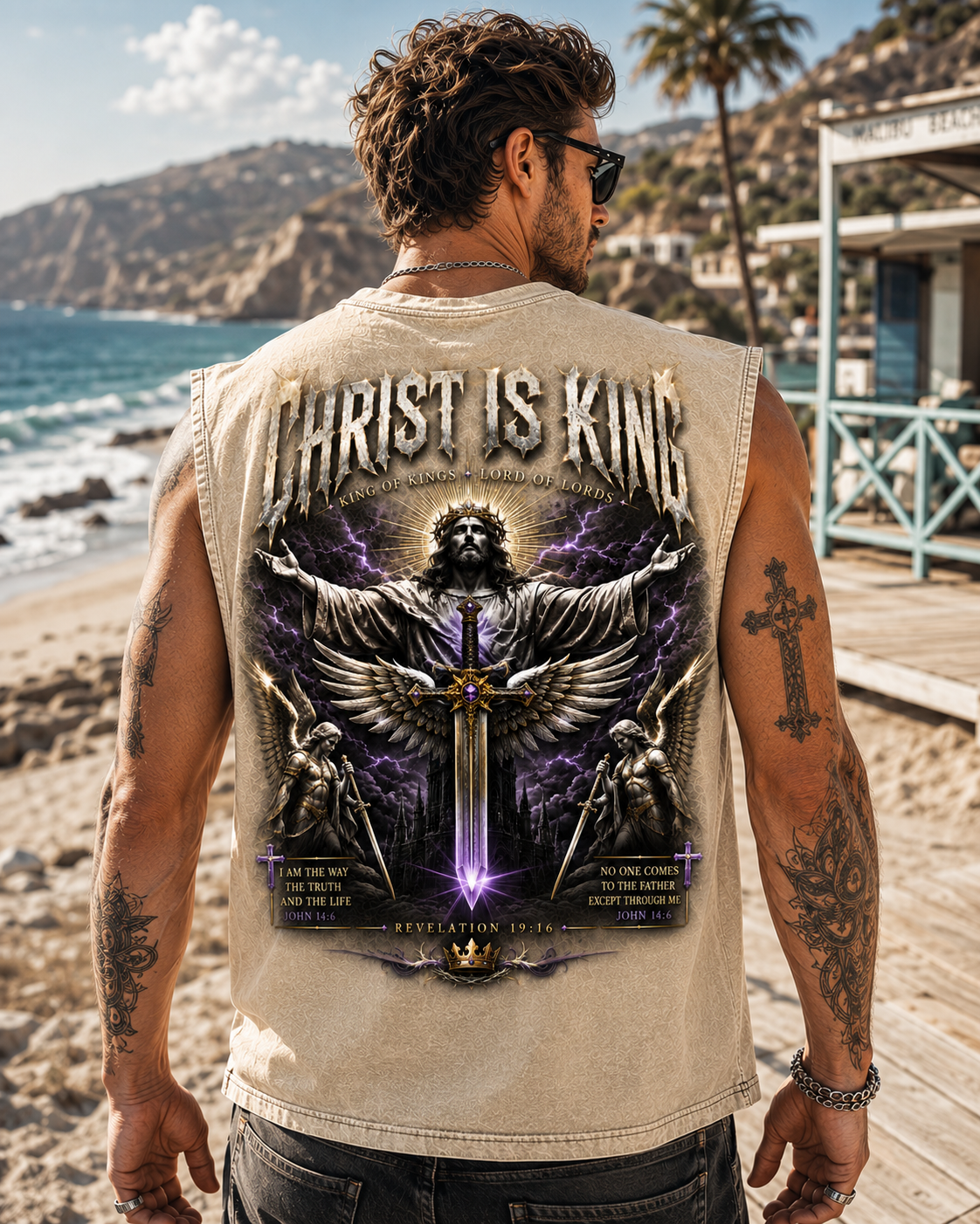 Christ Is King Washed Black Muscle Tee – Vintage Christian Graphic
