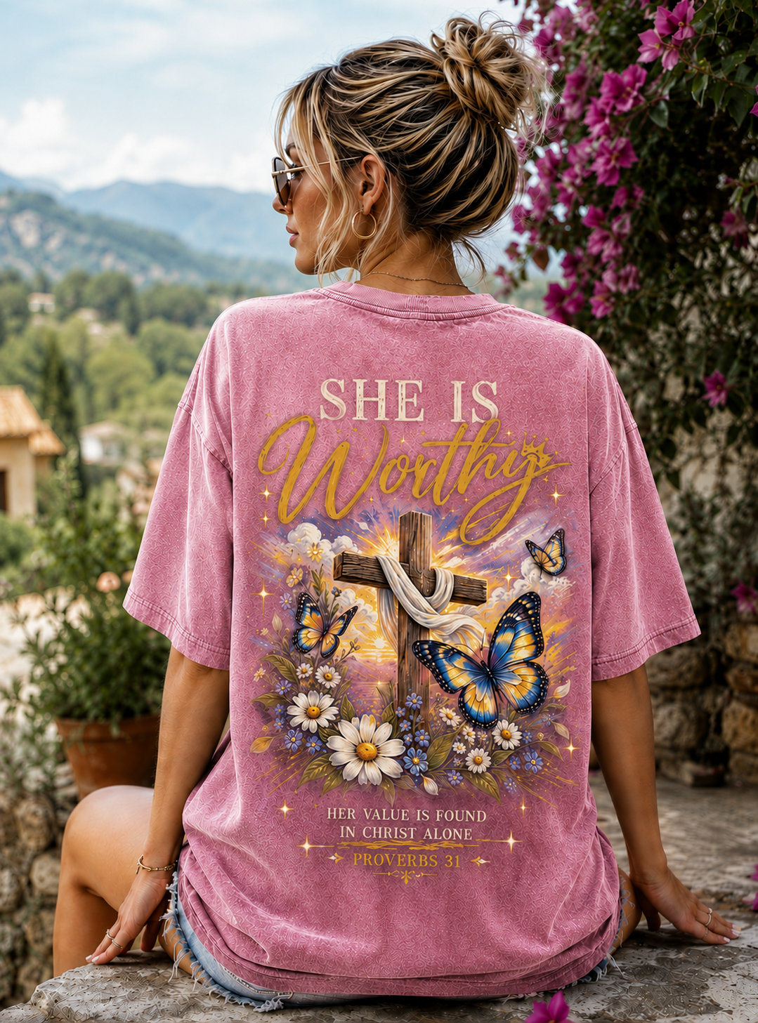She Is Worthy Christian T-Shirt – Vintage Cross & Butterfly Graphic Tee
