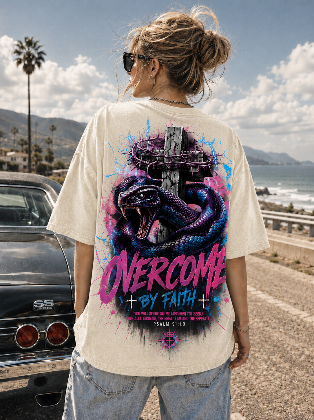 OVERCOME BY FAITH – Vintage Washed Black Christian Graphic Tee