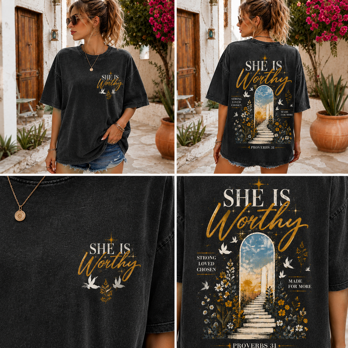 She Is Worthy Vintage Faith T-Shirt – Washed Black
