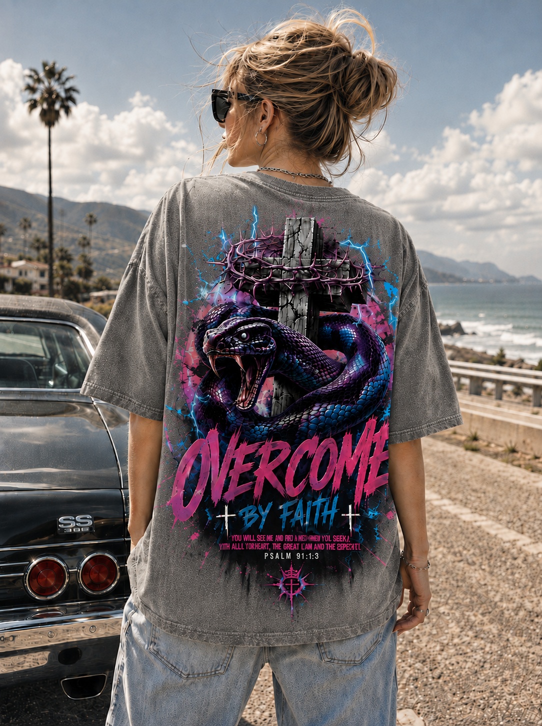 OVERCOME BY FAITH – Vintage Washed Black Christian Graphic Tee