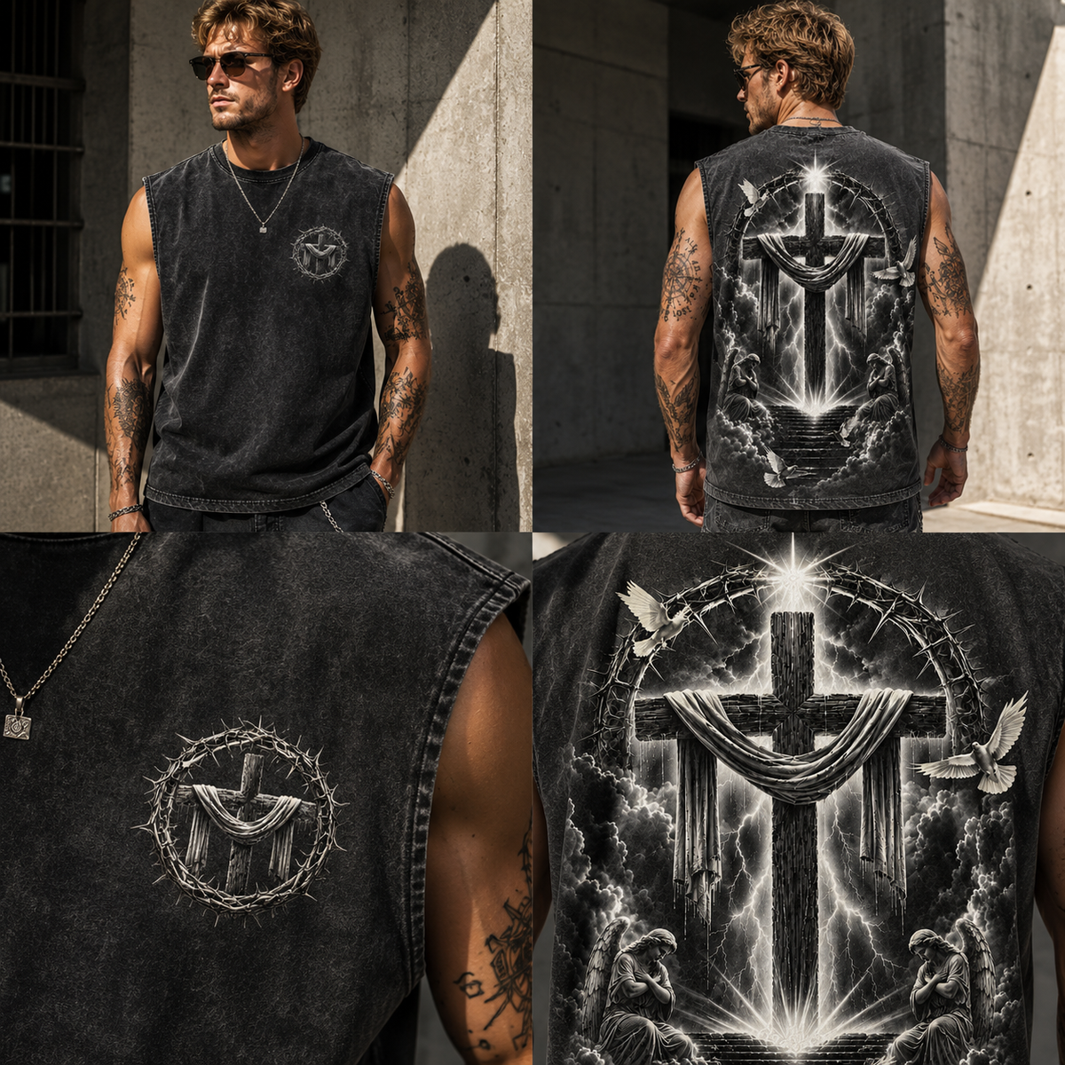 Washed Black Angel Cross – Vintage Faith Muscle Tee