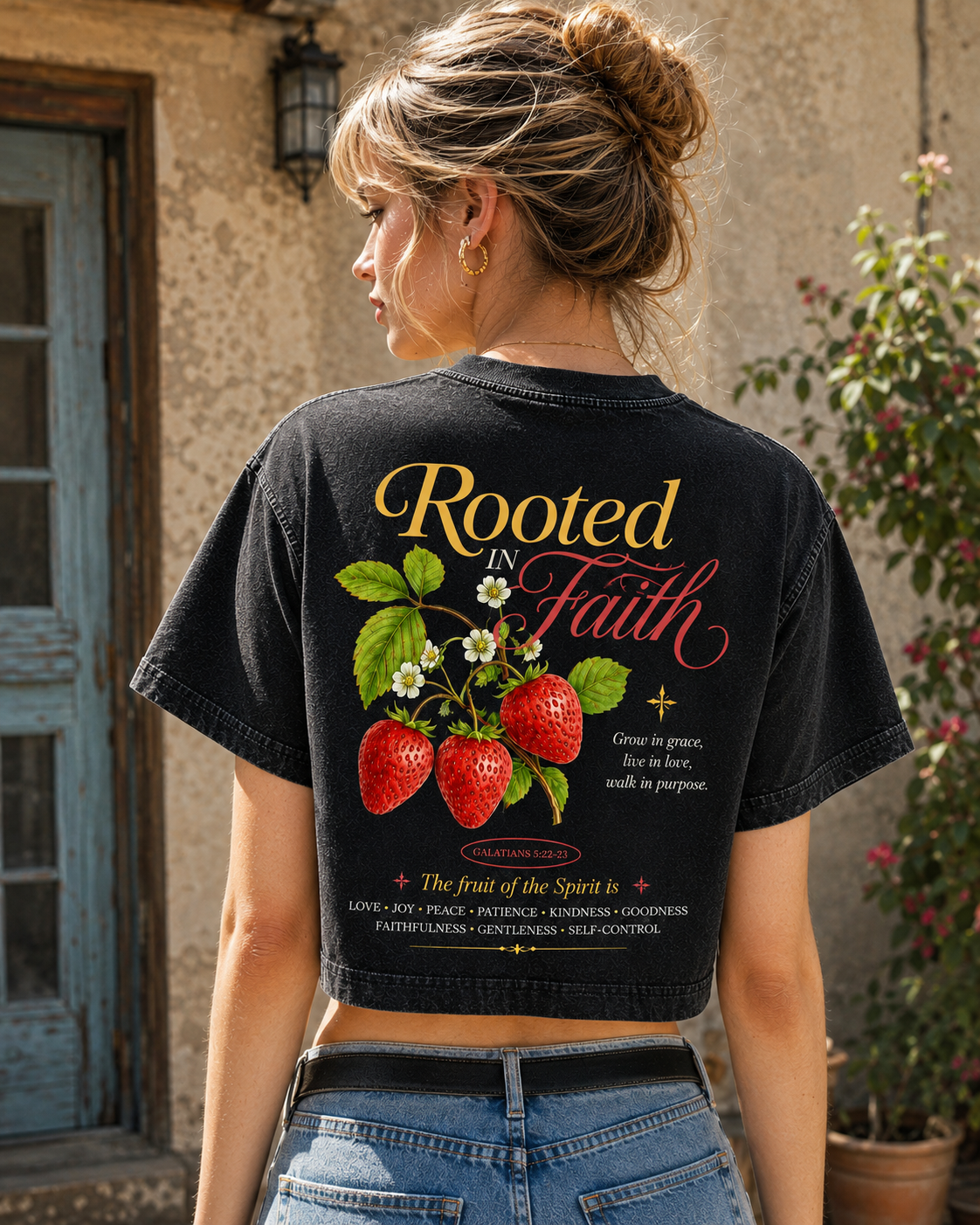 Rooted in Faith Strawberry Crop Top – Vintage Christian Tee