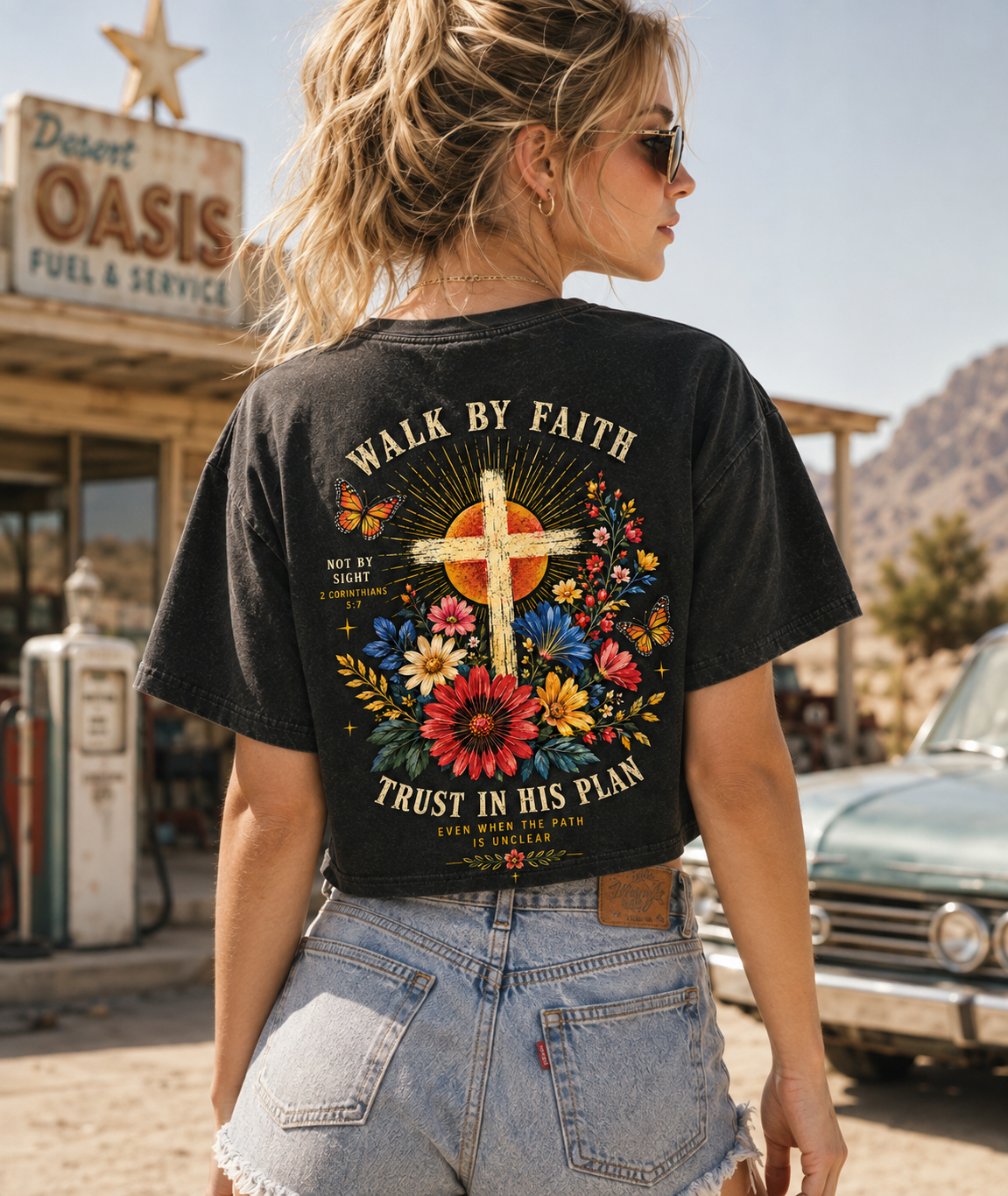 Walk By Faith – Vintage Floral Cross Crop Tee