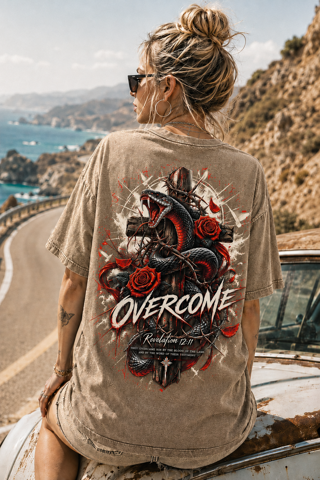 OVERCOME Snake Cross Graphic Tee – Vintage Washed T-Shirt
