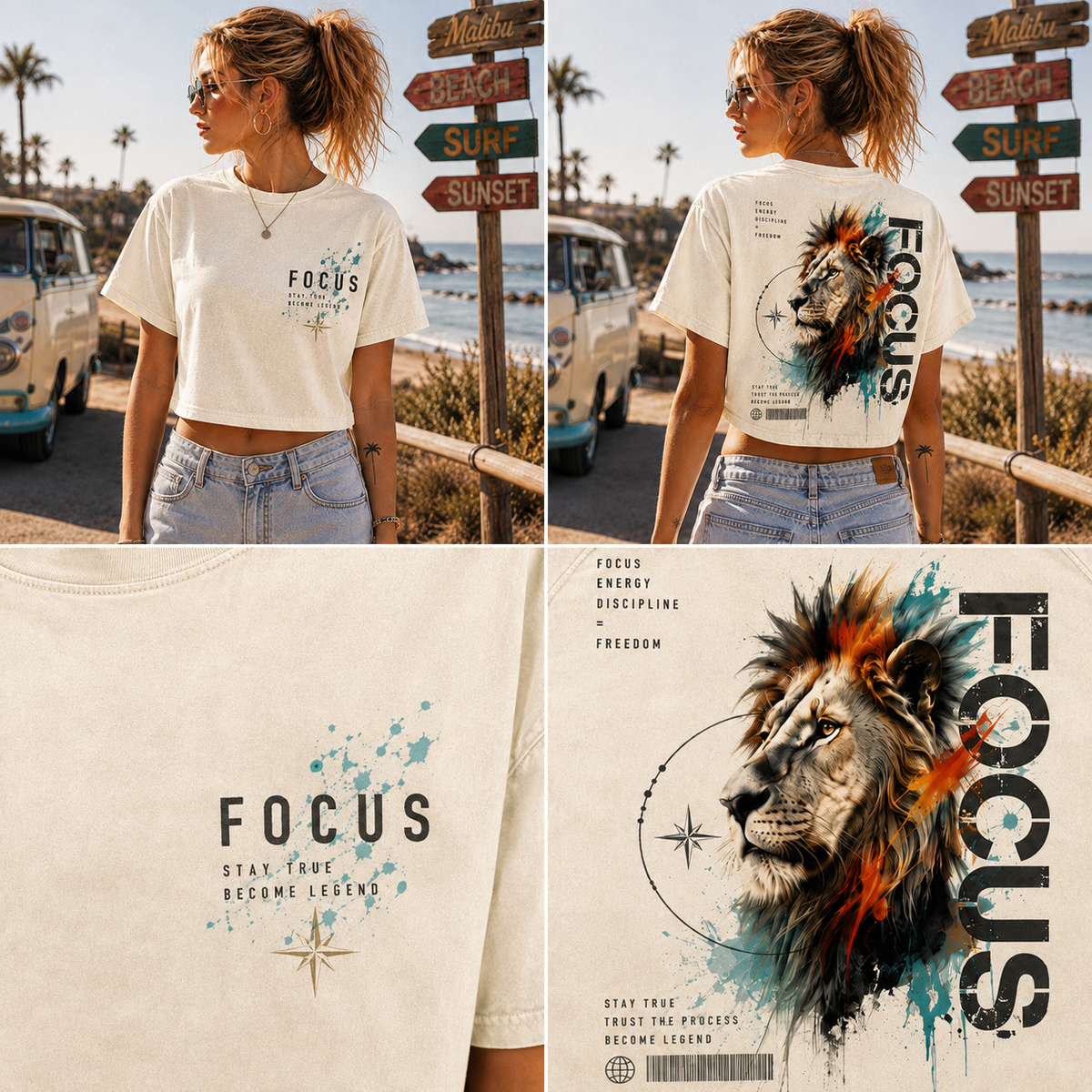 FOCUS Lion Graphic Crop Tee – Vintage Wash