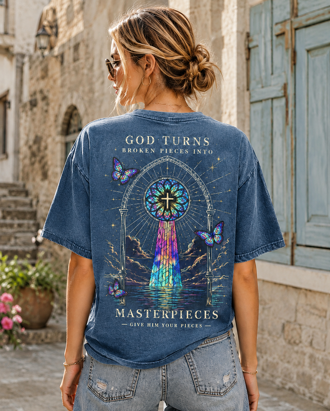 GOD TURNS Broken Pieces – Stained Glass Cross T-Shirt