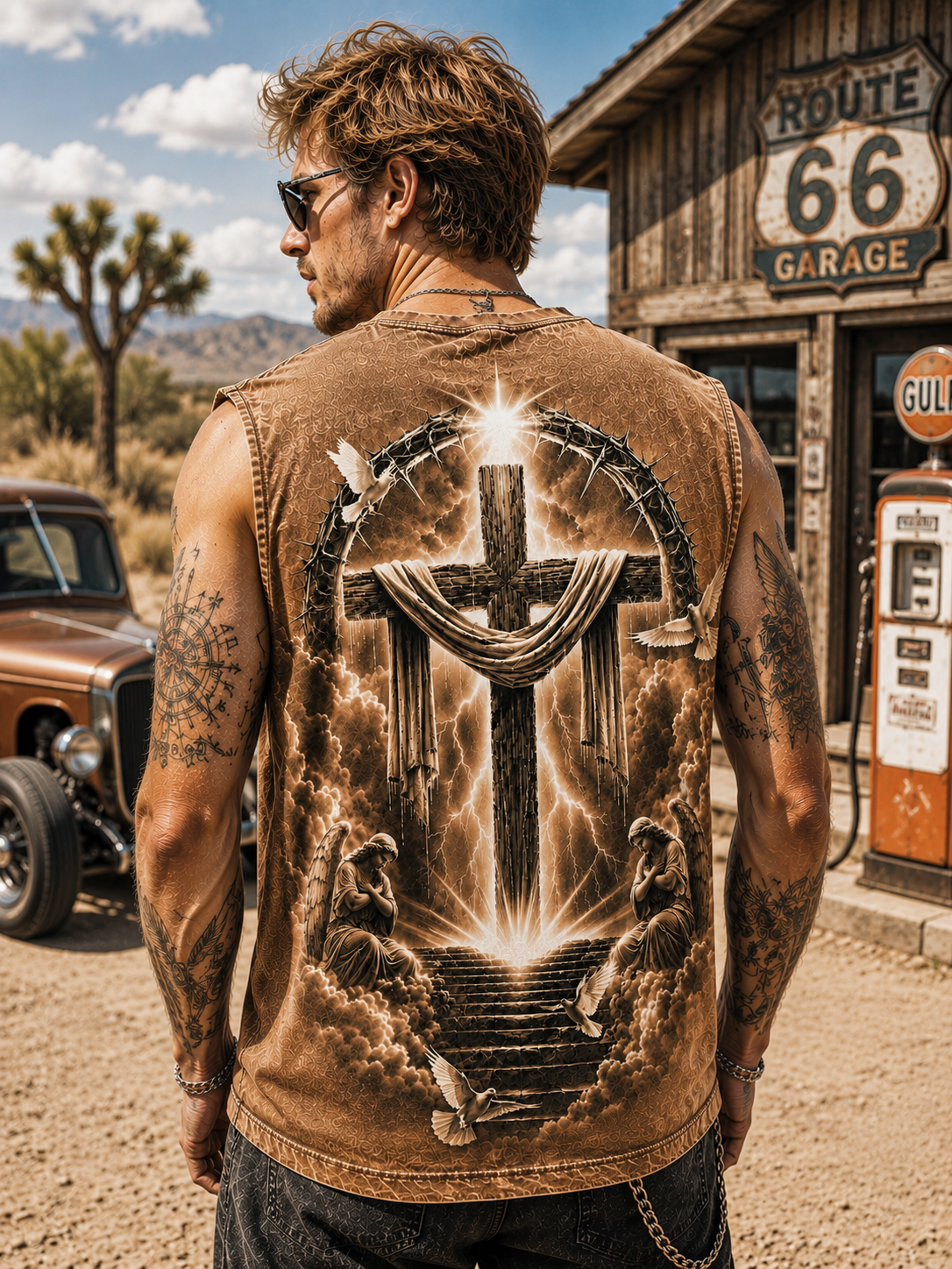 Washed Black Angel Cross – Vintage Faith Muscle Tee