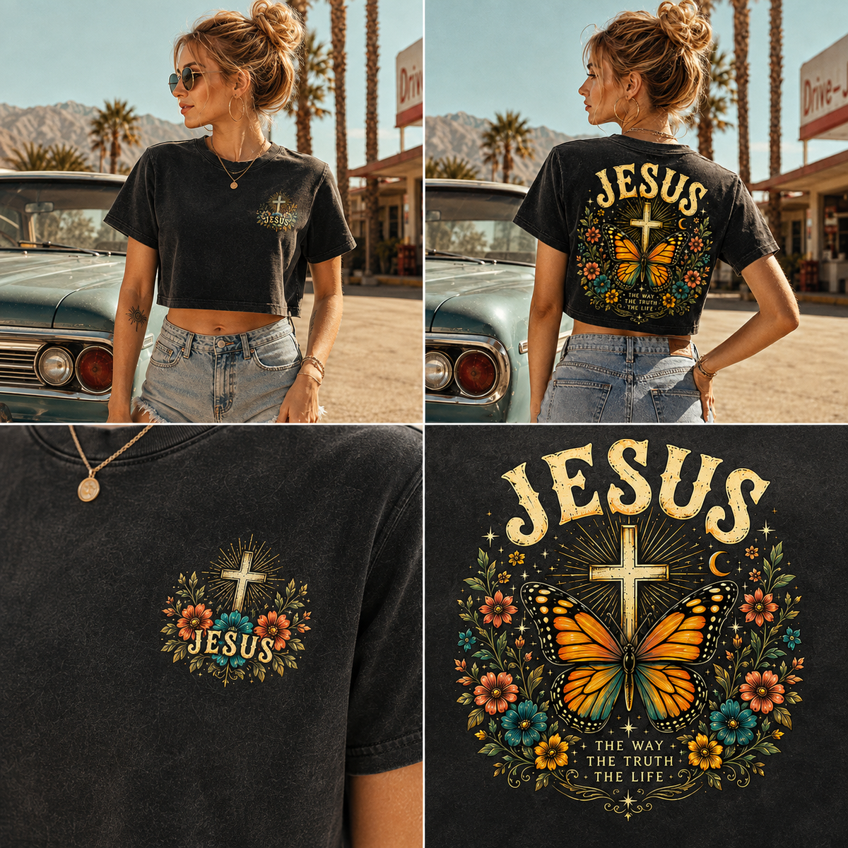JESUS Butterfly Vintage Crop Top – Washed Black
