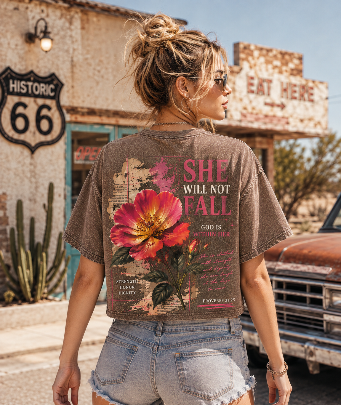She Will Not Fall – Vintage Floral Faith Crop Top