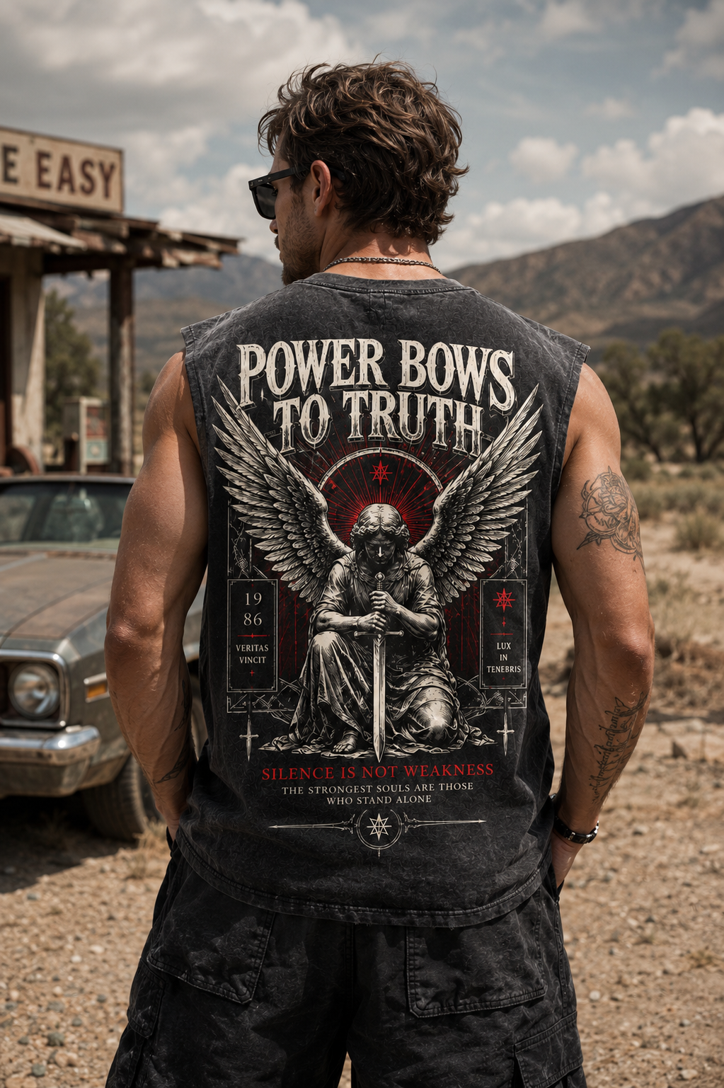 POWER BOWS TO TRUTH – Washed Black Sleeveless Tee