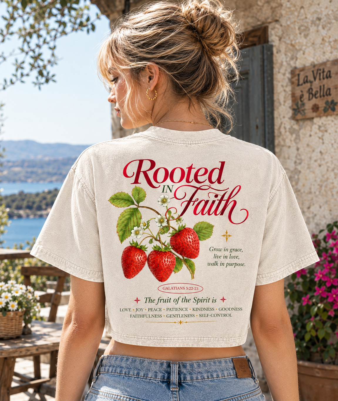 Rooted in Faith Strawberry Crop Top – Vintage Christian Tee
