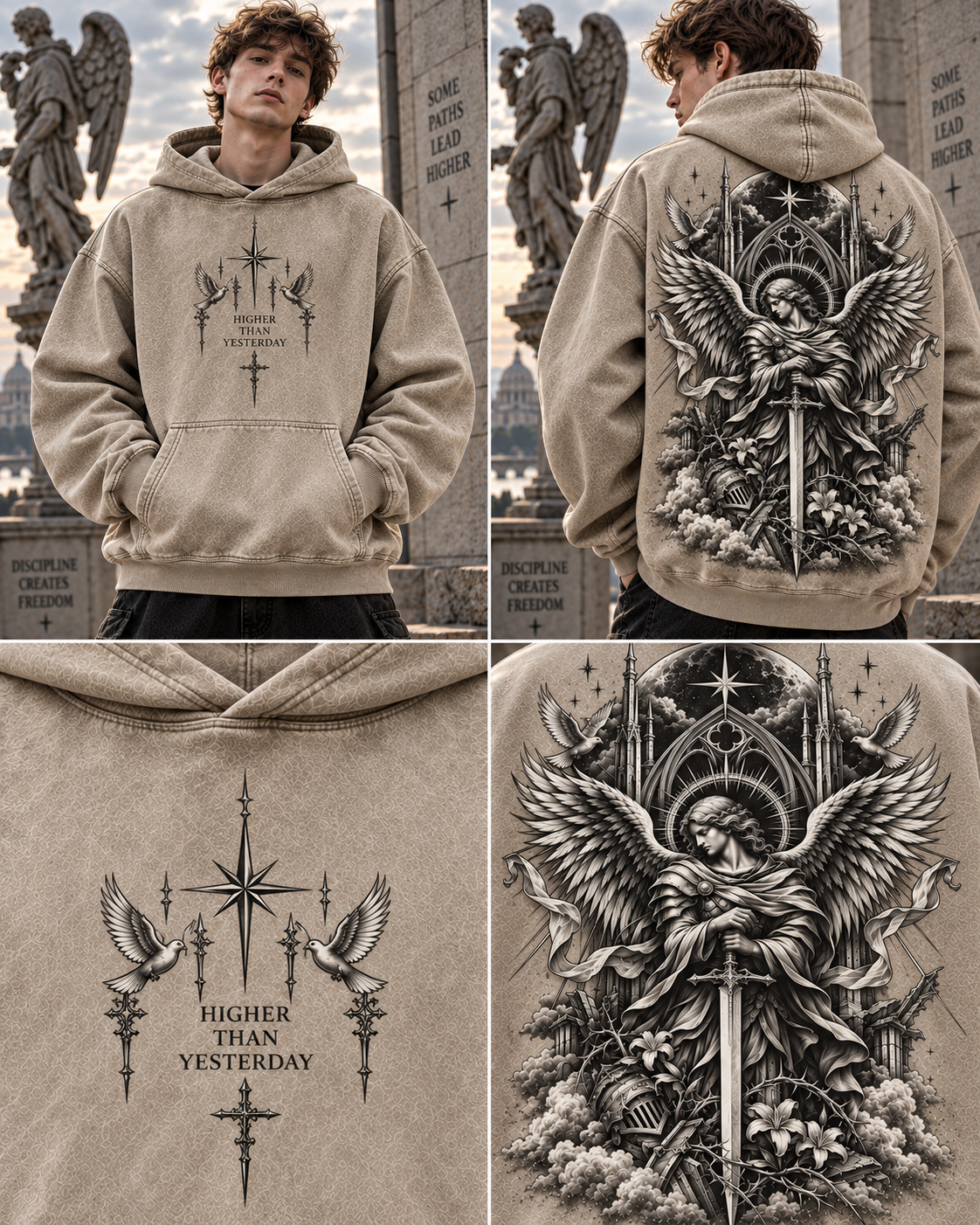 Angelic Guardian Vintage Hoodie – Gothic Wings & Sword