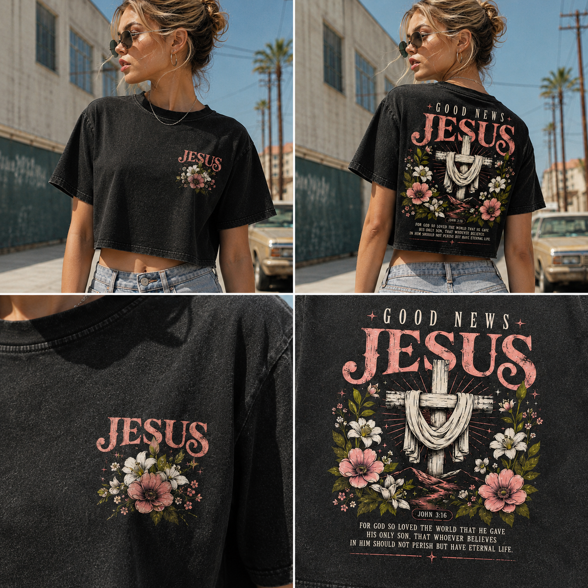 Vintage Jesus Floral Crop Top – Good News Graphic