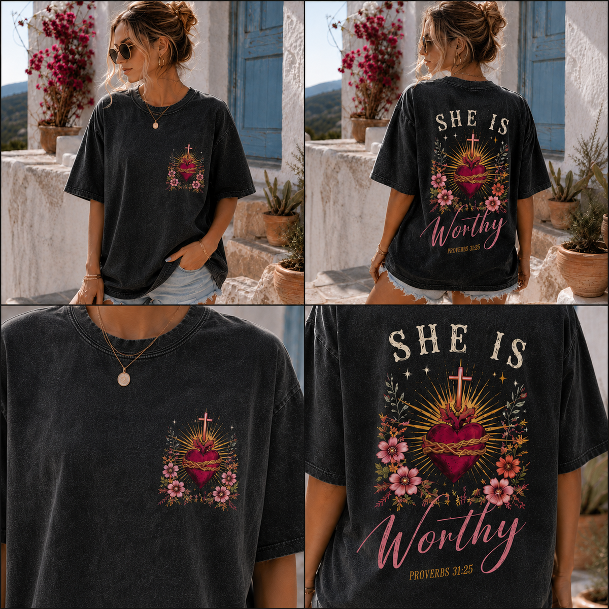 SHE IS Worthy™ – Vintage Sacred Heart Oversized T-Shirt