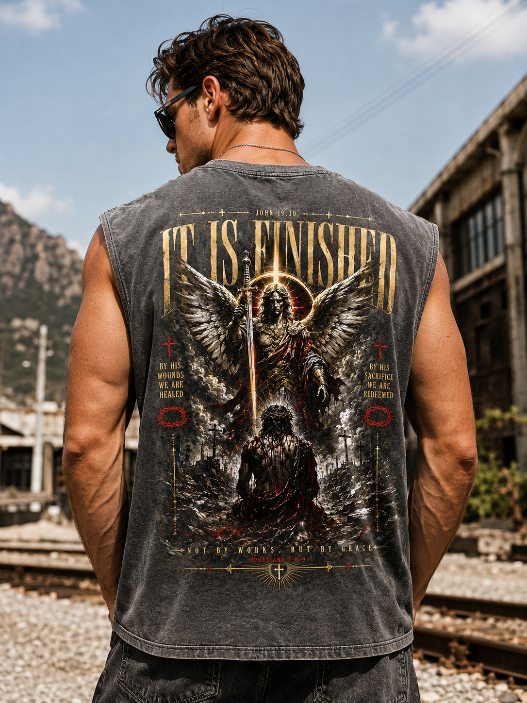 IT IS FINISHED — Washed Black Graphic Muscle Tee