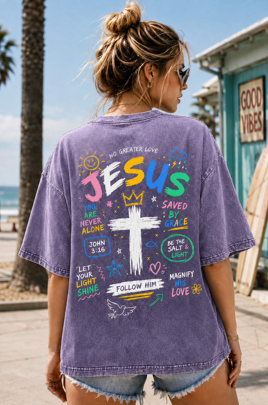 Jesus Loves You Vintage Washed Tee – Christian Graphic Oversized T-Shirt