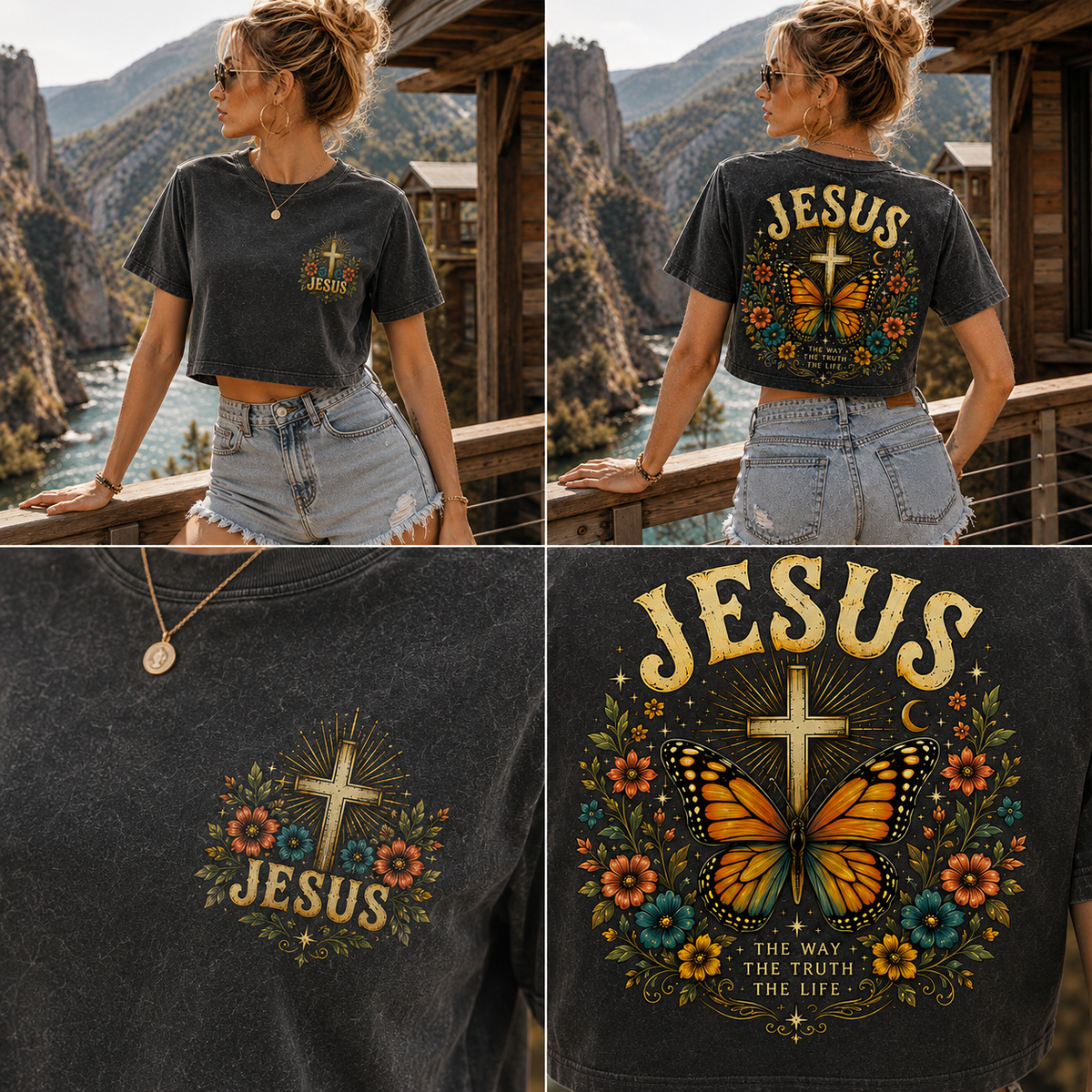 JESUS Butterfly Vintage Crop Top – Washed Black