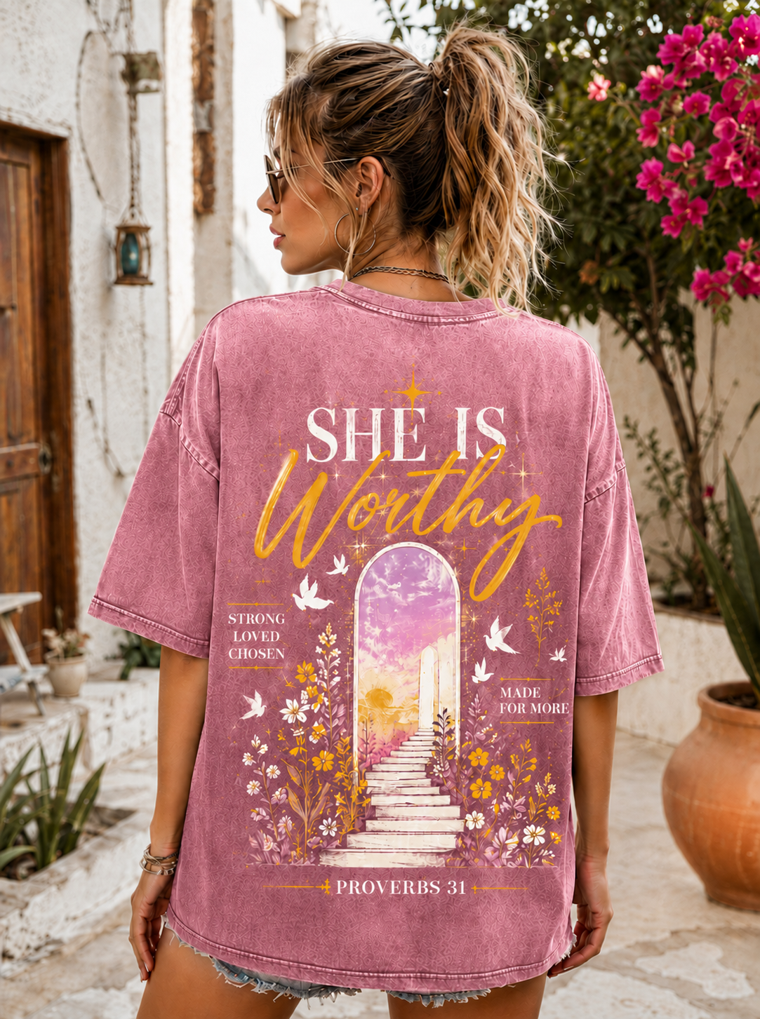 She Is Worthy Vintage Faith T-Shirt – Washed Black