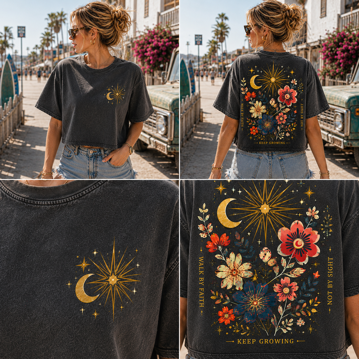 Celestial Bloom Crop Top – Vintage Floral Graphic Tee
