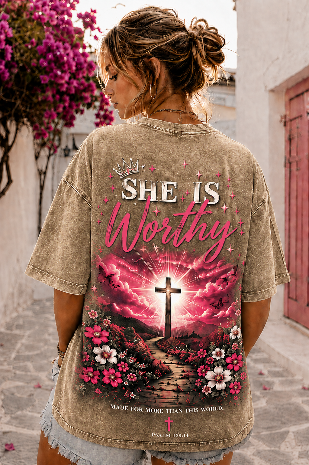 She Is Worthy Christian Graphic Washed Black Oversized T-Shirt