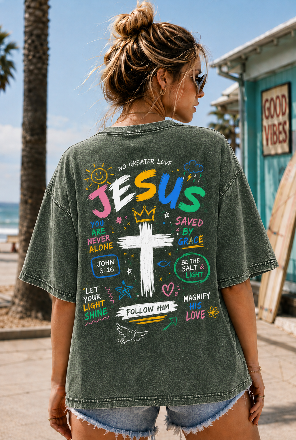 Jesus Loves You Vintage Washed Tee – Christian Graphic Oversized T-Shirt
