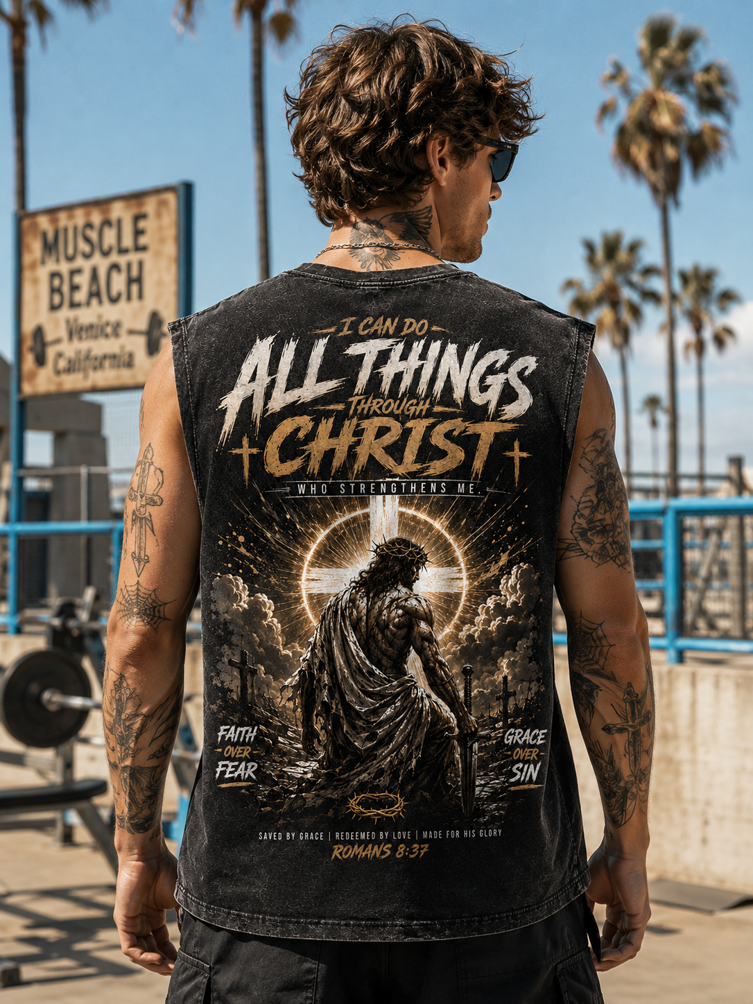 Faith Over Fear — Washed Black Christian Muscle Tee