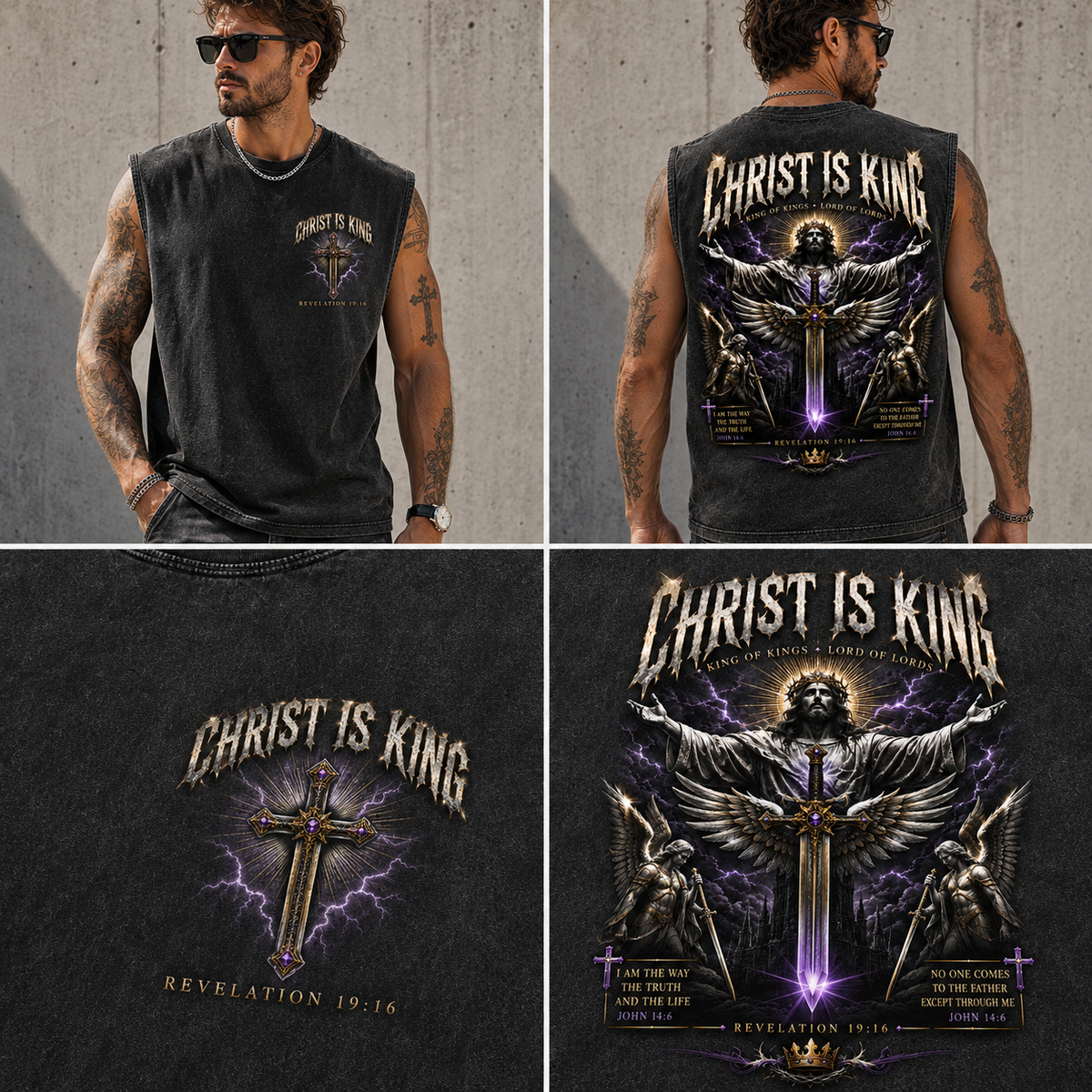 Christ Is King Washed Black Muscle Tee – Vintage Christian Graphic