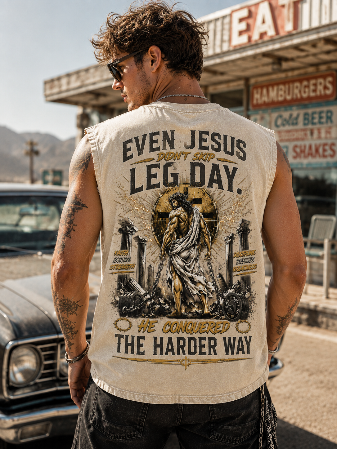 Even Jesus Leg Day – Faith Over Everything Muscle Tee