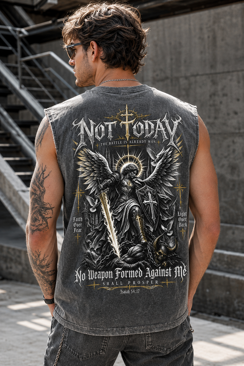 Not Today Washed Blue Muscle Tee – Gothic Faith Graphic