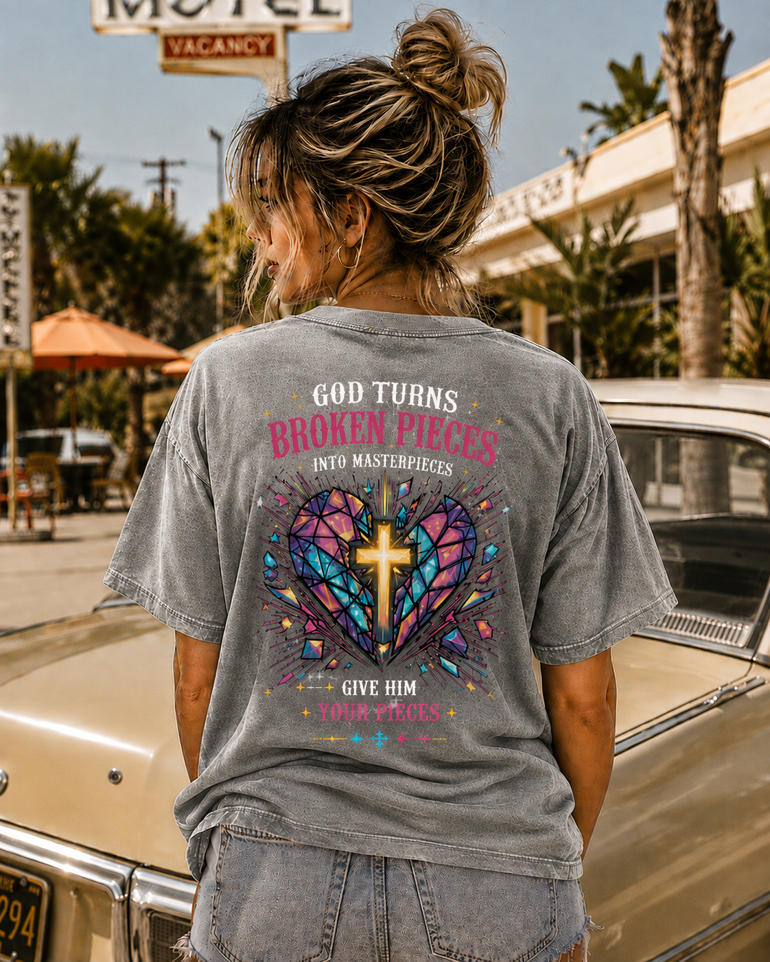 Broken Pieces Masterpiece – Vintage Cross Graphic T-Shirt
