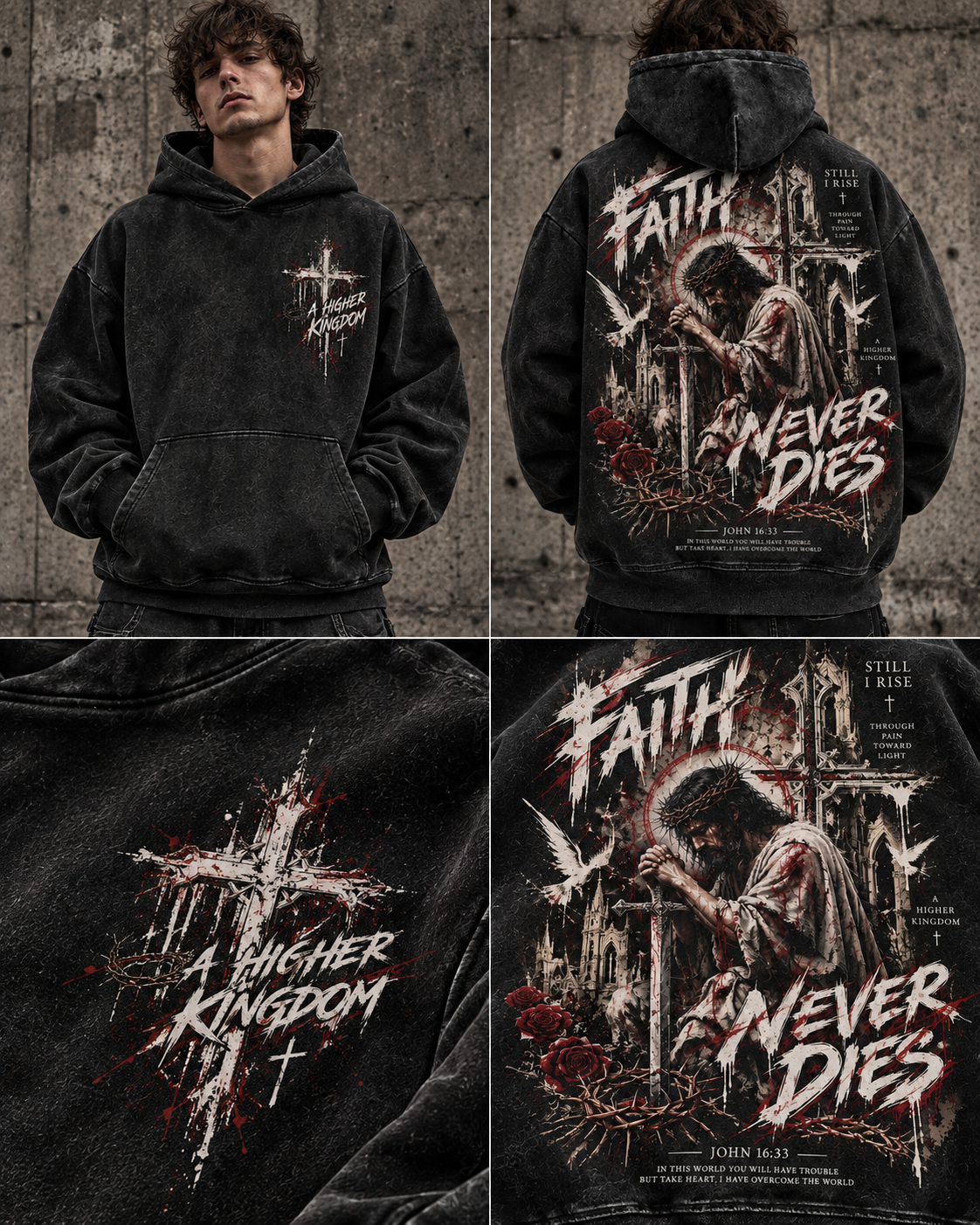 Faith Never Dies – Gothic Cross Washed Hoodie