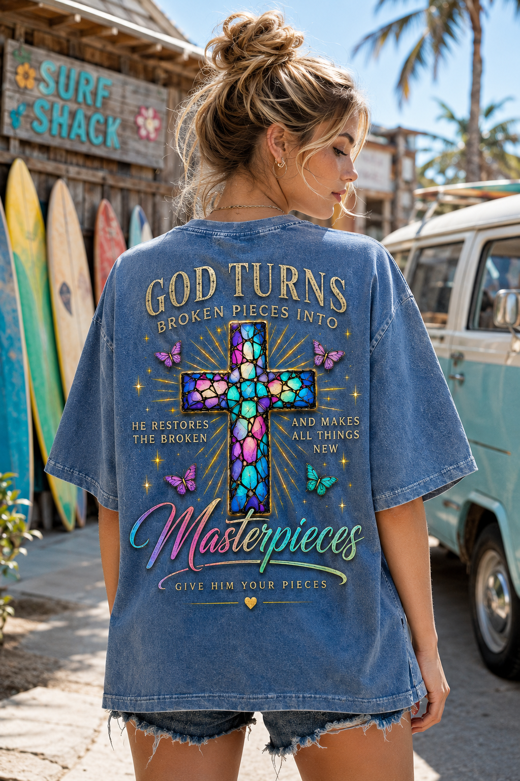 God Turns Broken Pieces Into Masterpieces – Christian Cross T-Shirt