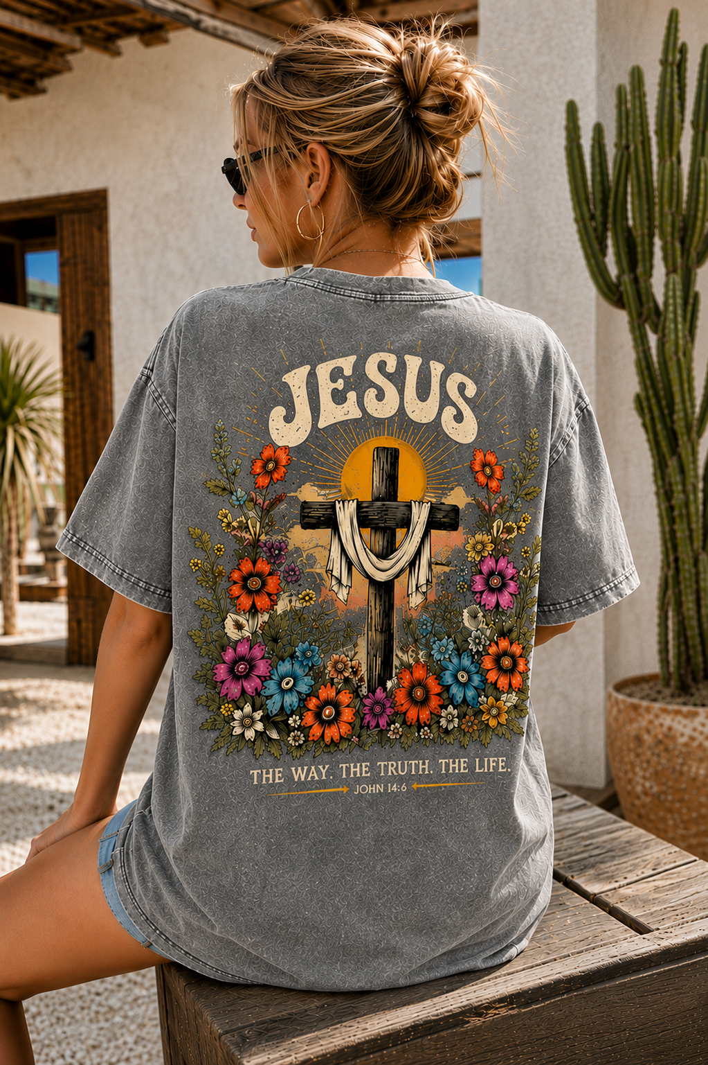 Jesus Cross Vintage Tee – Washed Black Floral Graphic