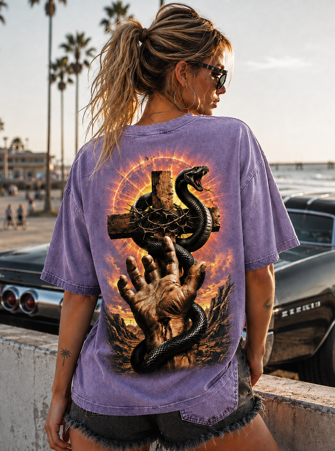 Vintage Snake Cross Graphic Tee – Washed Black